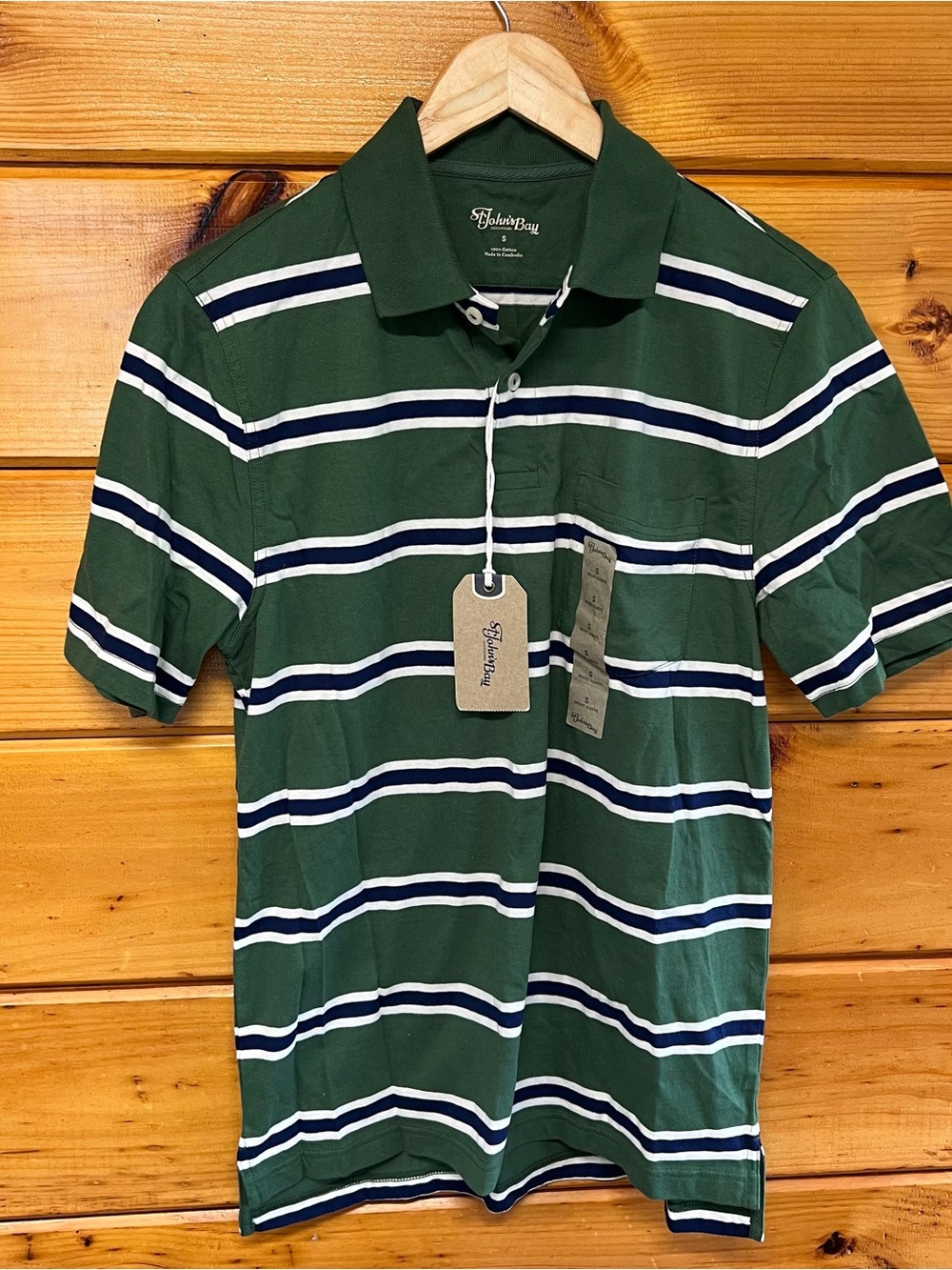 NWT St. John’s Bay Polo Green Blue & White 100% Cotton Men Shirt S W/Pocket